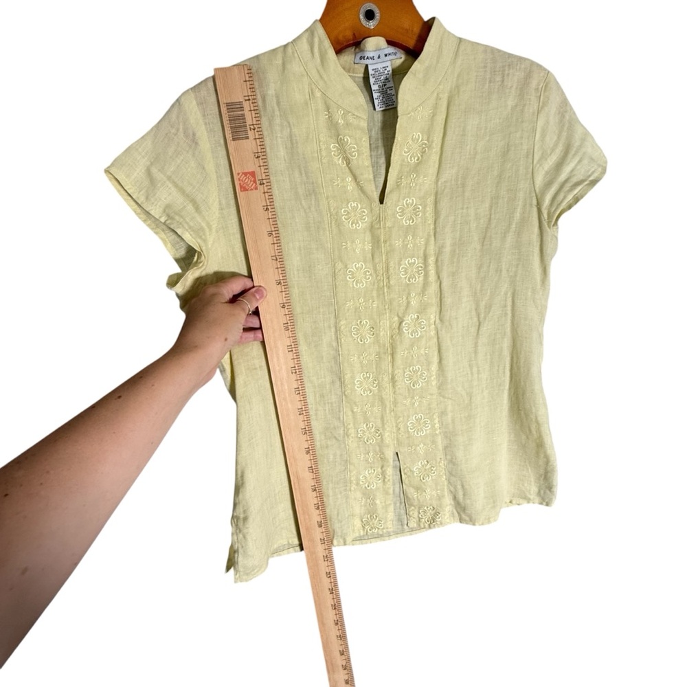 Deane + White 100% Linen Butter Yellow Short Sleeve Embroidered Top Cottagecore - Picture 3 of 7